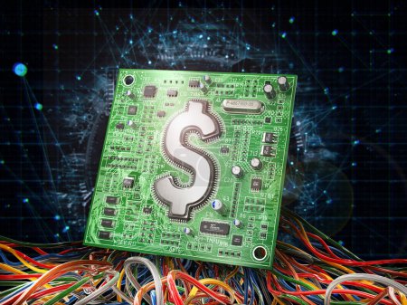 E-money. Electronic print board with chip in form of dollar sign. 3d illustration