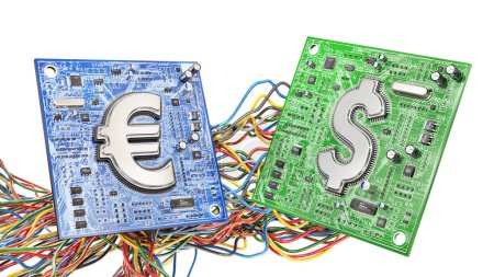 Conversión de dinero electrónico. Tableros de impresión electrónicos con fichas en forma de signos de dinero. ilustración 3d