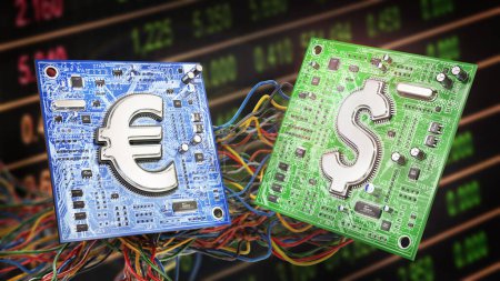 E-Geld konvertieren. Elektronische Druckertafeln mit Chips in Form von Geldzeichen. 3D-Illustration
