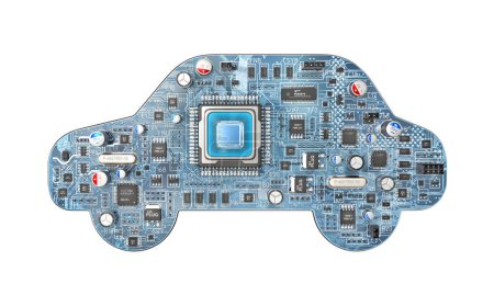 Car electronic. Electronic print board in shape of car. 3d illustration