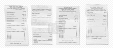 Téléchargez les illustrations : Vector illustration of receipts of realistic payment paper bills for cash or credit card transaction with the purchase of goods amount from a store or store sale. Isolated 3D on transparent background - en licence libre de droit