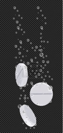 Téléchargez les illustrations : Tablet with bubbles. Effervescent dissolving aspirin tablets in carbonated water. Realistic 3d vector - en licence libre de droit