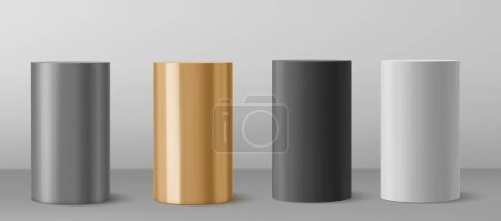 Téléchargez les illustrations : 3d Cylinder from different materials pillar isolated on gray background. vector illustration - en licence libre de droit