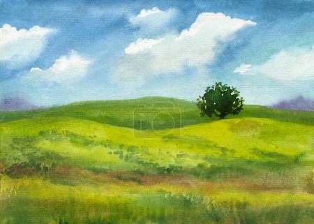 Téléchargez les photos : Peaceful summer watercolor landscape with green grass, lonely tree, clouds on blue sky, rural scene background with hills, countryside nature illustration - en image libre de droit