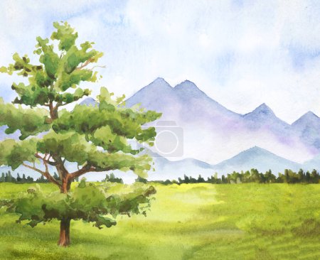 Photo for Watercolor hand drawn illustration of landscape with green grass, tree, foggy mountains, countryside background - Royalty Free Image