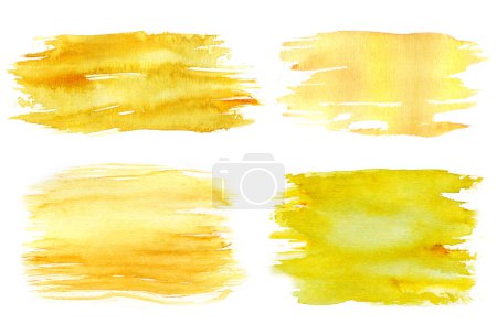 Photo for Set of watercolor splash backgrounds, golden yellow color blots on white for backdrop design, hand drawn illustration - Royalty Free Image