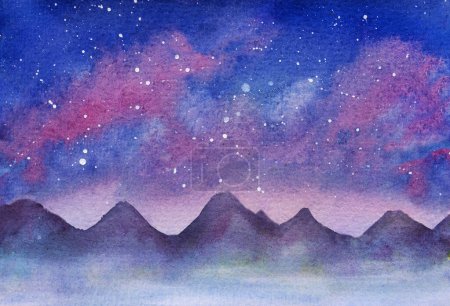 Photo for Watercolor landscape with night sky, pink clouds and stars, mountain chain. Handmade illustration - Royalty Free Image