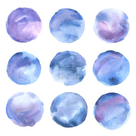 Foto de Conjunto de fondos redondos de acuarela azul y púrpura en blanco, ilustración dibujada a mano - Imagen libre de derechos