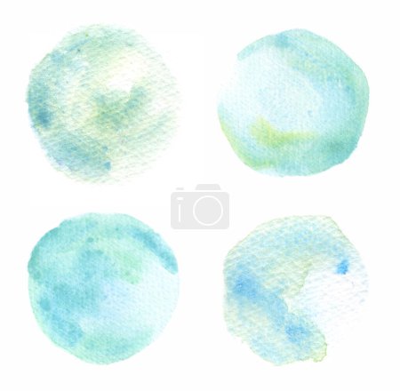 Téléchargez les photos : Teintes peintes aquarelle bleu clair et vert mis forme ronde dessinée à la main isolé sur blanc - en image libre de droit