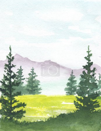 Téléchargez les photos : Paysage dessiné à la main avec des arbres d'épinette aquarelle, champ d'herbe, montagnes et collines, illustration abstraite de la nature - en image libre de droit