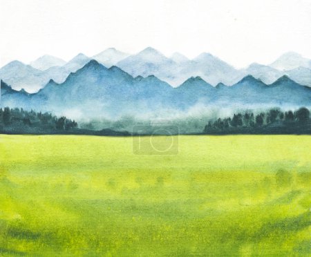 Téléchargez les photos : Illustration aquarelle du paysage avec champ vert abstrait et montagnes lointaines, dessinée à la main - en image libre de droit