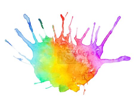 Foto de Salpicadura dibujada a mano multicolor con pinturas del arco iris que mezclan en la ilustración blanca, acuarela - Imagen libre de derechos