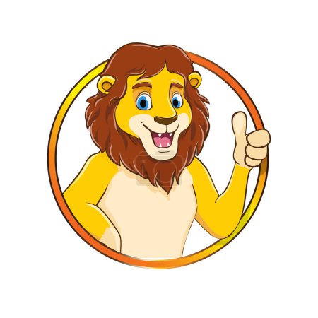 Illustration for Cartoon lion smiling with thumbs up in a circle as character mascot, vector illustration - Royalty Free Image
