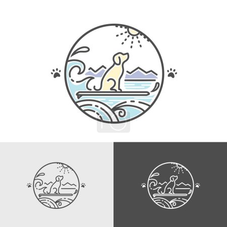 Téléchargez les illustrations : Logo pour chien avec mer, montagne, planche de surf et vagues, symbole de sport animal, illustration vectorielle - en licence libre de droit