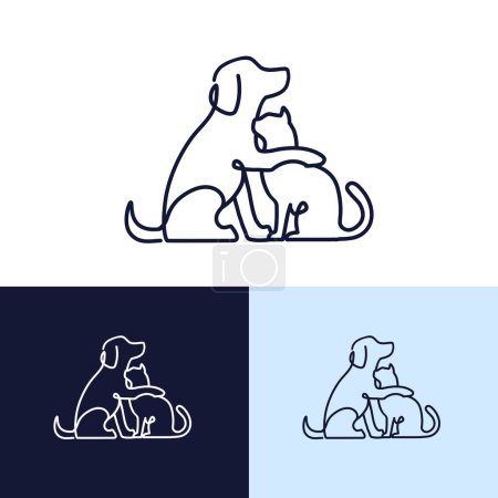 Ilustración de Perro abrazo gato línea arte ilustración, mascota logotipo diseño vector ilustración con variaciones de color, rescate de animales, veterinario o mascota tienda símbolo - Imagen libre de derechos