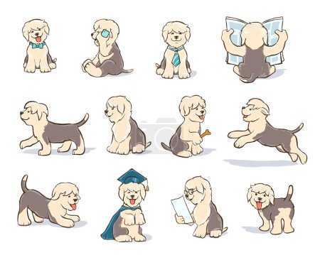 Illustration for Cartoon dog bobtail puppy set, old English sheepdog sitting, jumping, reading newspaper, with graduation cap, with bow tie, with glasses, vector illustration - Royalty Free Image