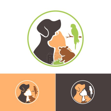 Ilustración de Perro, gato, conejillo de Indias, pájaro loro, logotipo animal para veterinaria, rescate, diseño de símbolos de servicios de cuidado de mascotas - Imagen libre de derechos