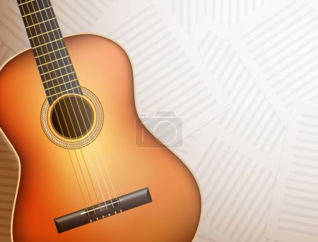 Illustration for Musical background with acoustic brown guitar and blank note sheets of paper. vector illustration - Royalty Free Image