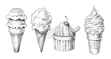 Téléchargez les illustrations : Jeu de dessins à la crème glacée noir et blanc, comme un dessin au crayon. Illustration vectorielle - en licence libre de droit
