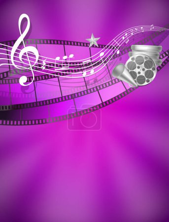 Ilustración de Música de cine fondo abstracto con clave triple, notas musicales, carretes de película, estrella, ilustración vectorial - Imagen libre de derechos