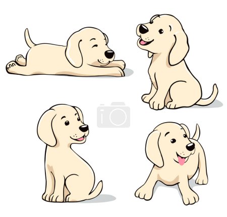 Illustration for Cute cartoon dog in different positions, sitting, sleeping, dreaming, smiling - Royalty Free Image