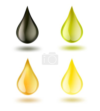 Ilustración de Juego de gotas de gasolina sobre fondo blanco. Gotas realistas de aceite, combustible o símbolo de gasolina. Ilustración vectorial - Imagen libre de derechos