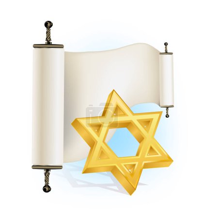 Téléchargez les illustrations : Ancien rouleau juif et étoile dorée de David illustration vectorielle - en licence libre de droit