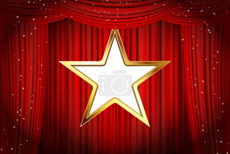 Ilustración de Marco de estrella dorada en el teatro cortinas rojas vector de fondo. - Imagen libre de derechos