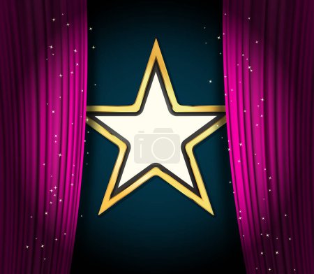 Ilustración de Fondo de vector de teatro estrella dorada. Cortinas en color púrpura y gran marco de estrella dorada. Ilustración vectorial - Imagen libre de derechos