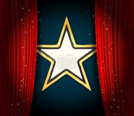 Ilustración de Fondo de vector de teatro estrella dorada. Cortinas en color rojo y gran marco de estrella dorada. Ilustración vectorial - Imagen libre de derechos