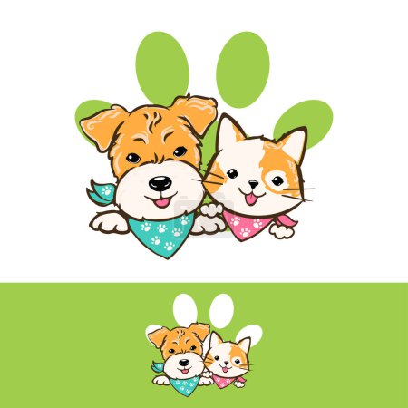 Illustration for Cartoon dog and cat head and paw sign, pet logo with puppy terrier and kitten smiling, vector illustration - Royalty Free Image