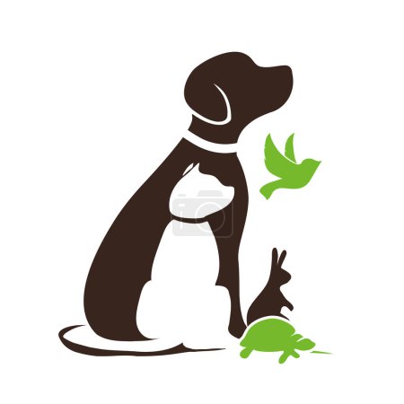 Téléchargez les illustrations : Logo animal heureux pour chien et chat, tortue, oiseau et lapin, logo animal pour le sauvetage, l'adoption, les soins aux animaux ou la conception de signes vétérinaires, illustration vectorielle - en licence libre de droit
