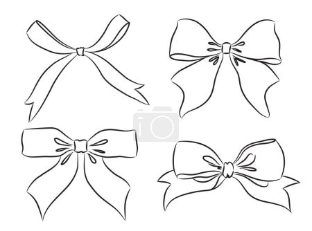 Illustration for Line drawing of gift ribbon bow on white background. Set of bows for your designs. Vector illustration. - Royalty Free Image