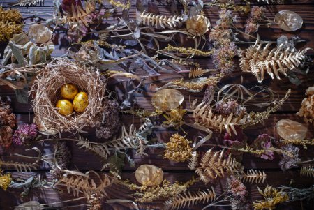Foto de Huevos de codorniz dorados en nido con flores secas sobre fondo de madera oscura - Imagen libre de derechos