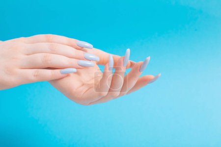 Photo for Female hands with beautiful blue manicure  on blue background - Royalty Free Image