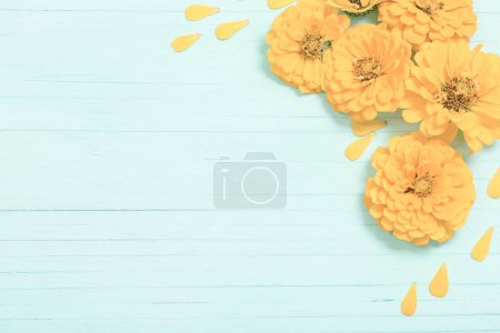 Téléchargez les photos : Fleurs de zinnia jaune sur fond de bois bleu - en image libre de droit