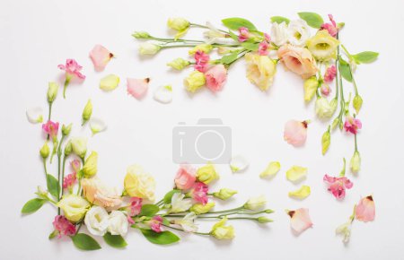 Foto de Marco de flores hermosas primavera sobre fondo blanco - Imagen libre de derechos
