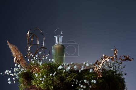 Photo for Magic potion in glass bottle with plants and flowers on blue background - Royalty Free Image