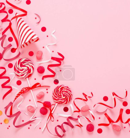 Photo for Birthday background with red and pink paper birthday decotations - Royalty Free Image