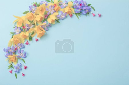 Téléchargez les photos : Fleurs de printemps sur fond de pappeur bleu - en image libre de droit