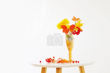 Téléchargez les photos : Bouquet automnal en vase en verre sur fond blanc - en image libre de droit