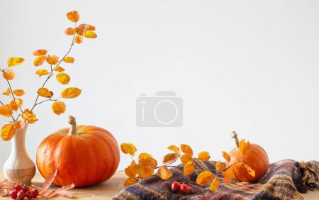 Téléchargez les photos : Branches d'automne avec des feuilles orange dans un vase et des citrouilles sur fond blanc - en image libre de droit