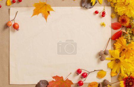 Téléchargez les photos : Fleurs et feuilles d'automne sur fond de papier - en image libre de droit
