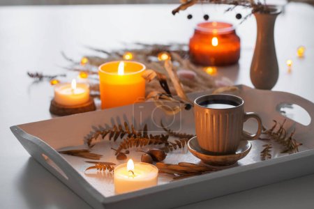 Photo for Two cups of  coffee    and autumn decor on white wooden tray - Royalty Free Image