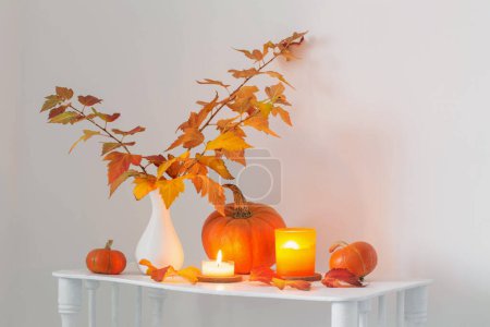 Téléchargez les photos : Bouquet d'automne en vase blanc sur étagère en bois à l'intérieur blanc - en image libre de droit