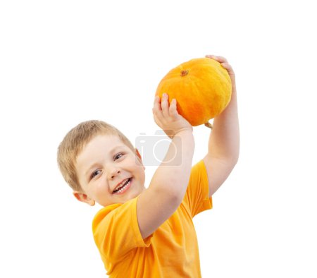 Photo for Funny boy with pumpkin isolated on white background - Royalty Free Image