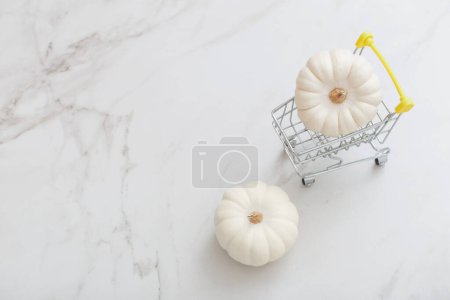 Foto de Calabaza blanca en pequeño carro de comestibles sobre fondo de mármol - Imagen libre de derechos