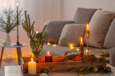 Photo for Cozy home with christmas decor on wooden tray - Royalty Free Image