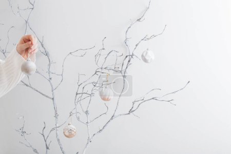 Photo for Hand  with christmas ball and white branch indoor - Royalty Free Image