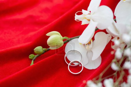 Foto de Anillos de boda con flores sobre fondo de terciopelo rojo - Imagen libre de derechos